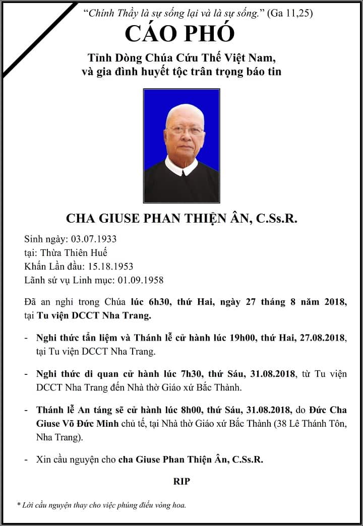 Cha Giuse Phan Thiện Ân, C.Ss.R. đã về với Chúa