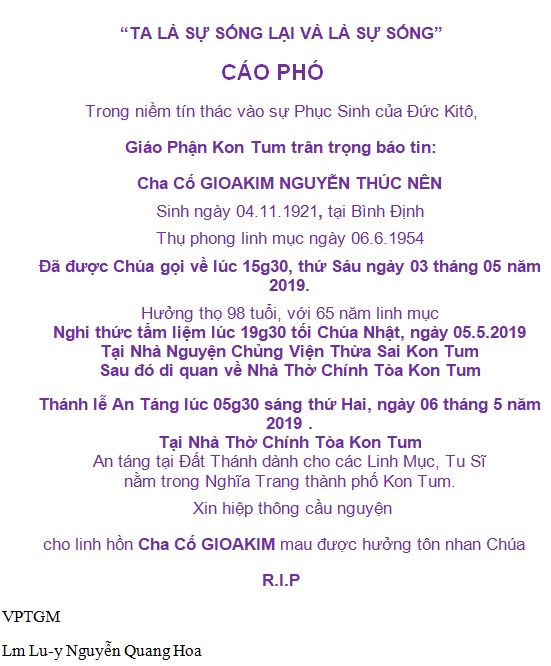 Cáo phó Cha Gioakim Nguyễn Thúc Nên